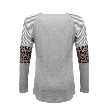Patchwork T-shirts Jeseň Leopard Tlač Farebné Pruhované Kolo Krku T-shirt Ležérny Top Tees Zimné Plus Veľkosť Ženské Oblečenie pre Ženy
