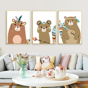 Pierko Luk Zvierat Jeleň Medveď Plátno Plagát Škôlky Sprej Farba Cartoon Maľovanie Na Stenu Obrázok, Nordic Deti Spálne Dekorácie