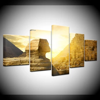 Plátno HD Vytlačí Modulárny Obrázky Domova 5 Kusov Egypte Pyramídy Slnka Maľovanie Sphinx Krajiny Plagát na Stenu Umenie Rámec