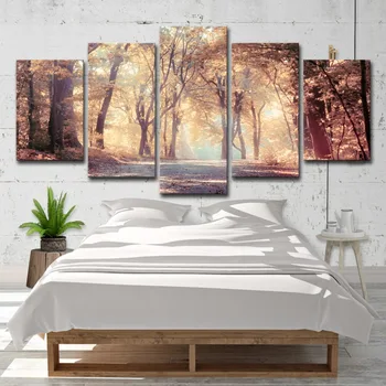 Plátno Moderné Nástenné Art Plagát Rám Domáce Dekorácie HD Vytlačené Maľovanie 5 Panely Jesenné Lístie Stromu Krajiny Modulárny Obrázky