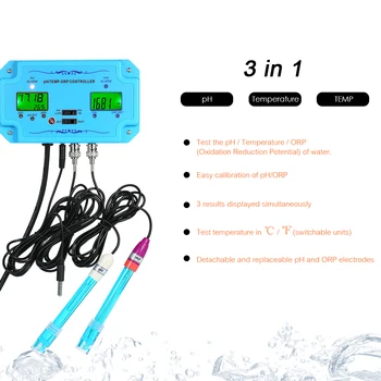 Profesionálne 3 v 1 pH/ORP/TEMP Regulátor Kvality Vody Detektor BNC Typ Sondy Kvality Vody Tester pre Akvárium Monitor