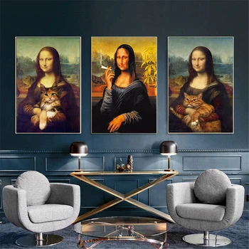 Retro Plátne Obrazy Vtip Mona Lisa Cat Graffiti Umenie Abstraktné Maliarske Plátno Plagáty a Vytlačí Nástenné Plátno Umenie Domova