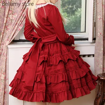 Retro Sladké Lolita Šaty Dievčatá Ženské Japonský Cosplay Kostýmy, Červené Jednofarebné Vintage Petal Dlhé Koleno Dĺžke