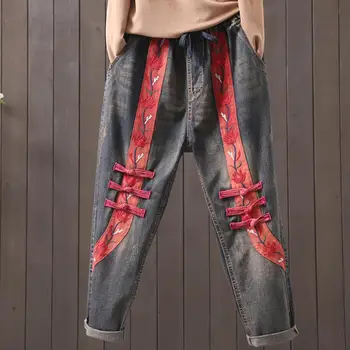 Retro TLAČIDLO veľké veľkosti patch džínsy ženy 2020 JAR jeseň elastický pás voľné bežné hárem džínsy