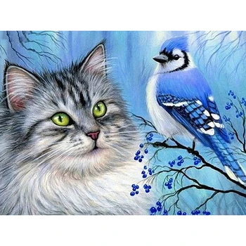 Roztomilé Mačka Vtákov Diamond Maľby Plné Námestie Kolo Vŕtať Domáce Dekorácie Chlapec, Izba Zvieratá, Umenie Diamond Obrazov Na Stenu