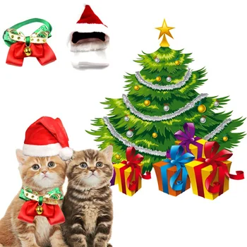Roztomilé Zvieratko Vianočný Kostým Nastaviť Santa Klobúk A Motýlikom Obojok Pre Mačky Mačiatko, Šteňa