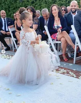Roztomilý Dlhý Rukáv Kvet Dievčatá Šaty 2020 Luxusnej Čipky Nášivka S Veľkým Luk Malá Princezná Svadobné Party Narodeniny Dieťa Šaty