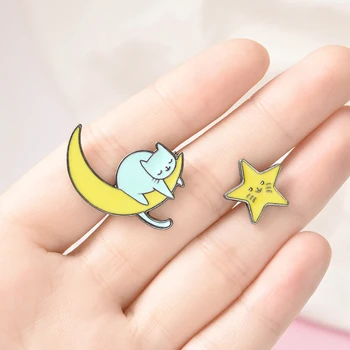 Roztomilý Star Smalt pin S Spiacu Mačku na Mesiac Brošňa Preklopke kolíky Odznaky Džínsové Oblečenie, Tašky kolíky Darček pre Chlapcov, Dievčatá Priateľov