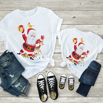 Roztomilý Zábavné Sobov, a Santa Claus Tlačiť T-shirt Rodiny Vzhľad Otecko Mamičke a Deti Oblečenie, Topy Celkom Nádherné Vianoce Tričko