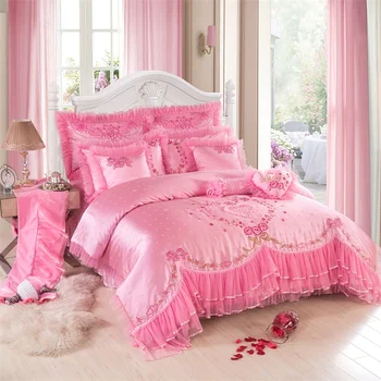 Ružová Hodvábny Satén vyšívané žakárové posteľná bielizeň nastaviť svadby, bytový textil Luxusné obliečky kryt Romantickej čipky princezná prikrývky