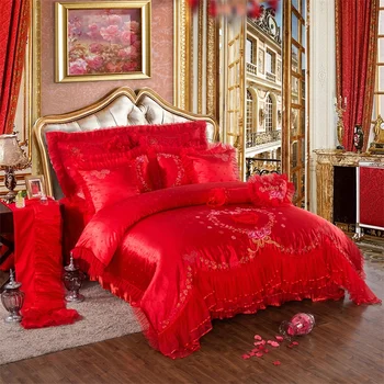 Ružová Hodvábny Satén vyšívané žakárové posteľná bielizeň nastaviť svadby, bytový textil Luxusné obliečky kryt Romantickej čipky princezná prikrývky