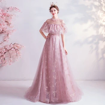 Ružová Luxusné Večerné Šaty Ilúzie Loď Krku, Krátke Čipky a Tylu Podlahy-Dĺžka-Line Sequined Elegantné Ženy Formálne Šaty TS207