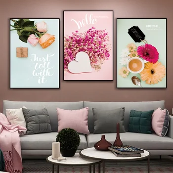 Ružové Kvety Nordic kávy Milovať Okamihu Plagát Plátno na Stenu Umenie Výtlačkov Maľovanie Domova Obrázky, Obývacia Izba, Spálňa
