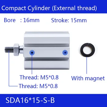 SDA16x15-B 16 mm Vŕtanie 15 mm Zdvih Vonkajší závit Kompaktné Vzduchové Valce Double Action Vzduchu v Pneumatických Valcov