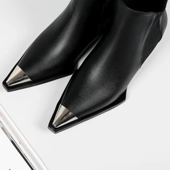 SIMLOVEYO Prírodné Originálne kožené topánky ženy kovové ukázal prst dámske členkové topánky pre ženy námestie podpätky Zimné topánky A2803