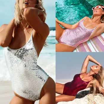 Sexy Flitrami jednodielne Plavky Ženy Backless Push-up Polstrovaná Plavky, Bikiny, plavky