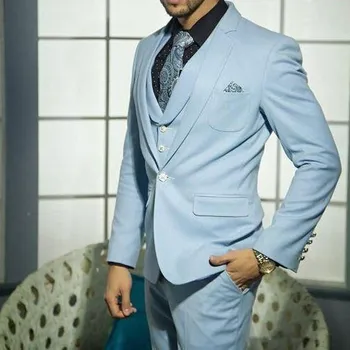 Sky blue (nebeská Modrá Svadobné Groomsmen Tuxedos pre Nevesty Nosiť Tri Kus na Zákazku Slim Fit Večer Prom Muži Obleky (Bunda+Nohavice+Vesta)