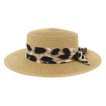 Slnko klobúky flat top páse s nástrojmi kapela leopard ženy klobúky bežné vintage vonkajšie pláži v lete jar khaki, modrá slamy široký okraj slnka čiapky