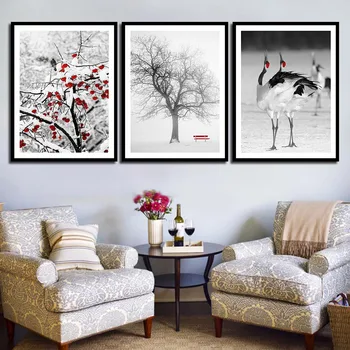 Sneh Scény Červená-korunovaný Žeriav Slivka Plátno, Vytlačí Maľovanie Home Decor Art Nordic Jednoduché Plagáty na Stenu Obrázky Pre Izba bez rámu