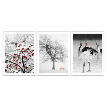 Sneh Scény Červená-korunovaný Žeriav Slivka Plátno, Vytlačí Maľovanie Home Decor Art Nordic Jednoduché Plagáty na Stenu Obrázky Pre Izba bez rámu