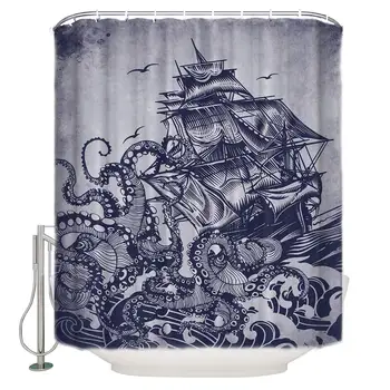 Sprchový Záves pre Kúpeľňa Kraken Chobotnica s Starú Loď na Vlnách Oceánu, Vaňa Opony Trvanlivé Nepremokavé Polyesterové Tkaniny