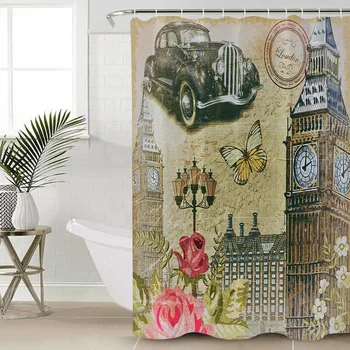 Starý Londýn Anglicko Plagát Art Clock Tower Auto Sprchový Záves Nepremokavé Záclony Polyester Vaňa Opony Kúpeľňa Decor 12 Háčiky