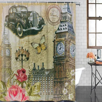 Starý Londýn Anglicko Plagát Art Clock Tower Auto Sprchový Záves Nepremokavé Záclony Polyester Vaňa Opony Kúpeľňa Decor 12 Háčiky