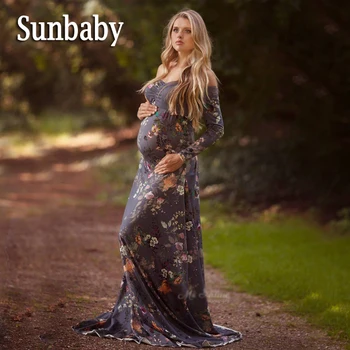 Sunbaby Elegantné Módne Dlhým Rukávom Šedá Kvetinový Shoulderless materskej šaty fotografie, oblečenie pre tehotné ženy