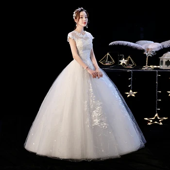 Svadobné Šaty 2021 Nové Krátke Tylu O-krku Vstupnej Čipky Prom Šaty Princezná Jednoduché Svadobné Vestido De Noiva