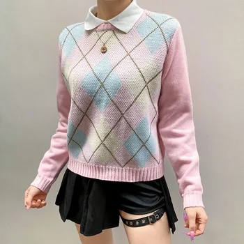 Sweet pink diamond koberčeky zrastov long-sleeve jeseň vietor krásny pletený sveter žena college 2020 zimné móda knitwear