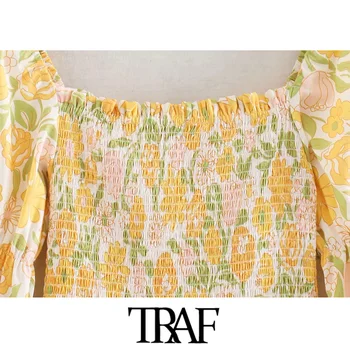 TRAF Ženy Vintage Štýlový Kvetinový Tlač Smocked Elastické Midi Šaty Módne Tri Štvrtiny Pláži Ženské Šaty Vestidos Mujer