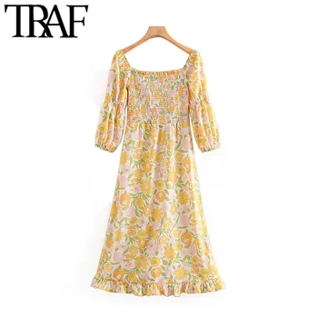 TRAF Ženy Vintage Štýlový Kvetinový Tlač Smocked Elastické Midi Šaty Módne Tri Štvrtiny Pláži Ženské Šaty Vestidos Mujer