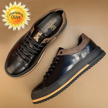 Taliansky 2020 nové kožené hrubé jediným pánske topánky móda ležérne módne dobytka obuv black svetlé kožené dosky topánky