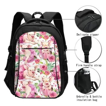Tašky, Školské Tašky Pre Chlapca, Dievča TeenagerCute Ošípaných Akvarel USB Nabíjanie Počítač, Notebook Späť Pack