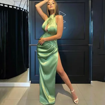 UZN Smaragdovo Zelená Morská víla Večerné Šaty Nový Dizajn Dlho Sexy Strane Split Prom Party Šaty s uväzovaním za Krk Celebrity Šaty na Zákazku