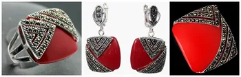 Ušľachtilý Červená Vyrezávané Lak Marcasite 925 Sterling Silver Námestie Krúžok(#7 Až 10) Náušnice & Pandent šperky sady