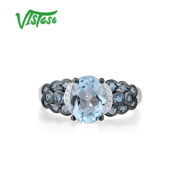 VISTOSO Čistý 14K 585 White Gold Ring Pre Ženy Iskrivý Diamant Priezračnou Sky Blue Topaz Výročie Svadby Darček Jemné Šperky