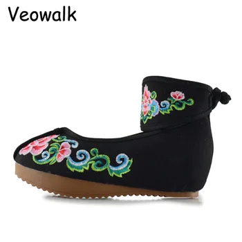 Veowalk Vintage Topánky Žien Členok Zábal Plátno Bytov Platformy Dámy Bavlna, Vyšívané Kostým Zapatos Mujer Plus Veľkosť 34-43