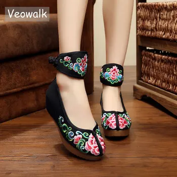 Veowalk Vintage Topánky Žien Členok Zábal Plátno Bytov Platformy Dámy Bavlna, Vyšívané Kostým Zapatos Mujer Plus Veľkosť 34-43