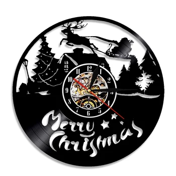 Veselé Vianoce Vinyl Nástenné Hodiny S LED Podsvietením Sobov Santa Doložka Na Saniach Siluetu Nástenné svietidlo