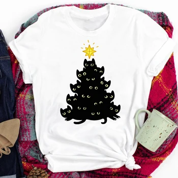 Veselé Vianoce Čierna Mačka, Strom Print T Shirt Ženy Krátky Rukáv O Krk Voľné Tričko Lete Ženy Tee Tričko Topy Camisetas Mujer