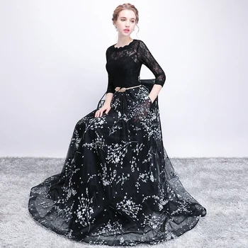 Vestidos Nové Elegantné A-line Eevning Šaty 2019 Čiernej Čipky 3/4 Rukávy Dlhé Formálne Prom Party Šaty Župan De Soiree