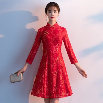 Veľká veľkosť 2019Autumn a zimné plus načechraný nevesta toast oblečenie nové dlhým rukávom červené dlhé šaty šaty žena cheongsam