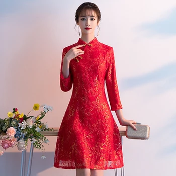 Veľká veľkosť 2019Autumn a zimné plus načechraný nevesta toast oblečenie nové dlhým rukávom červené dlhé šaty šaty žena cheongsam