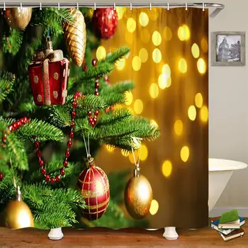 Vianočné Sprchový Záves, Gule Visí na Vianoce Jedľa na Zlaté Pozadie Sprchový Záves pre Kúpeľňa Decor Polyester