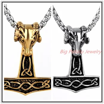 Vianočné Šperky 316L Nerezovej Ocele Strieborná/Zlatá Farba Ovce Hlavu Thor ' s Hammer Viking Amulet Mjolnir Mužov Náhrdelník s Príveskom