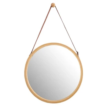 Visí Okrúhle Nástenné Zrkadlo v Kúpeľni & Spálňa - Pevné Bambusu Rám & Nastaviteľný Kožený Remienok