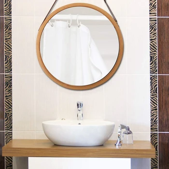 Visí Okrúhle Nástenné Zrkadlo v Kúpeľni & Spálňa - Pevné Bambusu Rám & Nastaviteľný Kožený Remienok