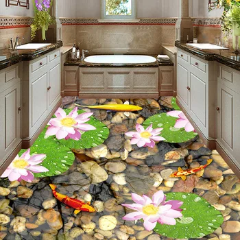 Vlastné 3D Podlahy, Maľovanie PVC samolepiace nástenná maľba Kamene Lotosový Kvet Ryby Kúpeľňa Obývacia Izba Podlaha Nálepky Vinylová Tapeta-3D
