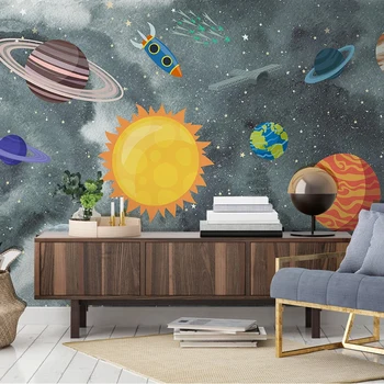 Vlastné 3D nástennú maľbu, Tapety Kreslené Ručne Maľované Vesmír, Planéta Rocket detská Izba Spálňa Nepremokavé samolepiace Nálepky na Stenu